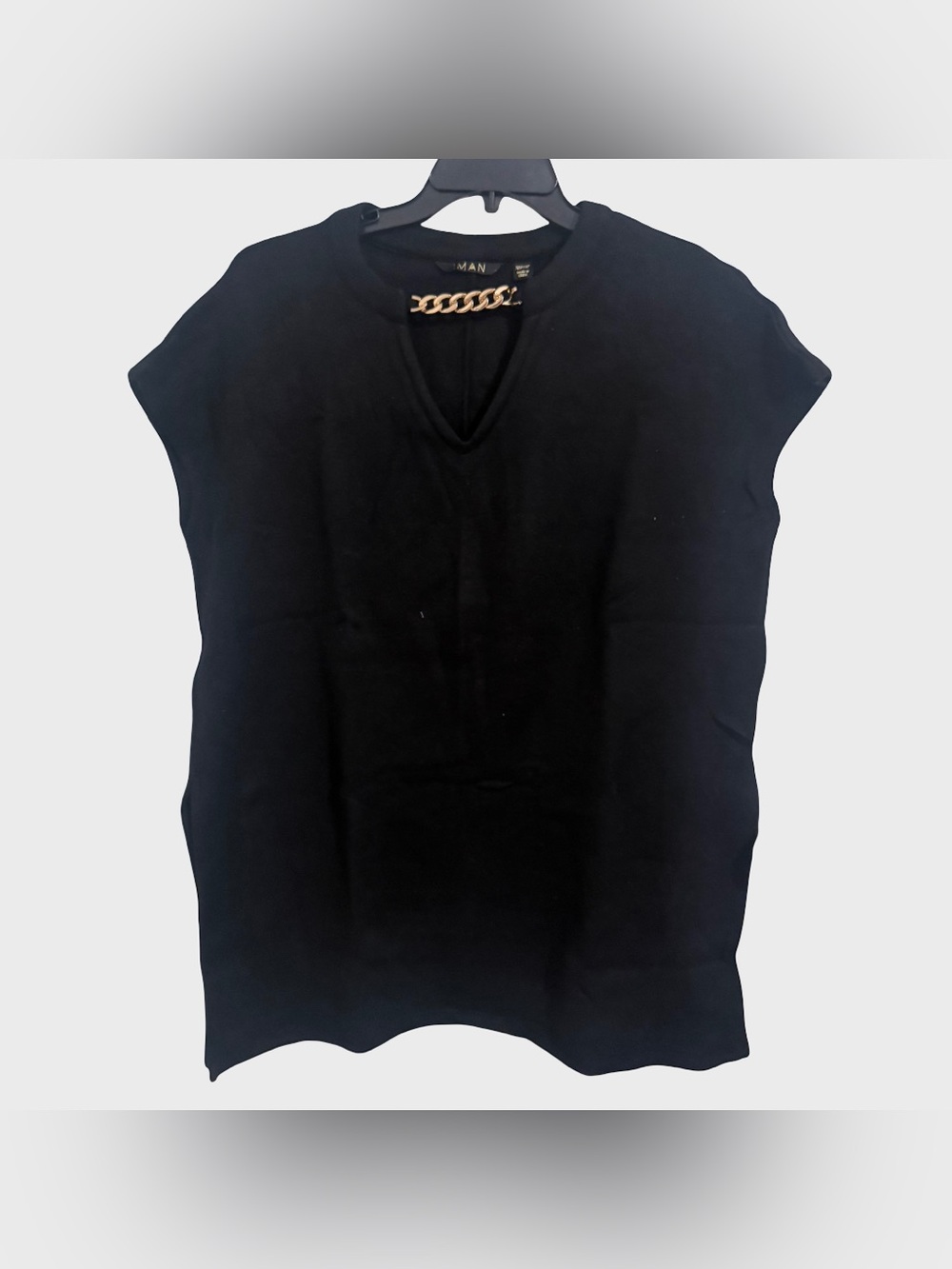IMAN Black V-Neck Knit Top with Gold Chain Detail